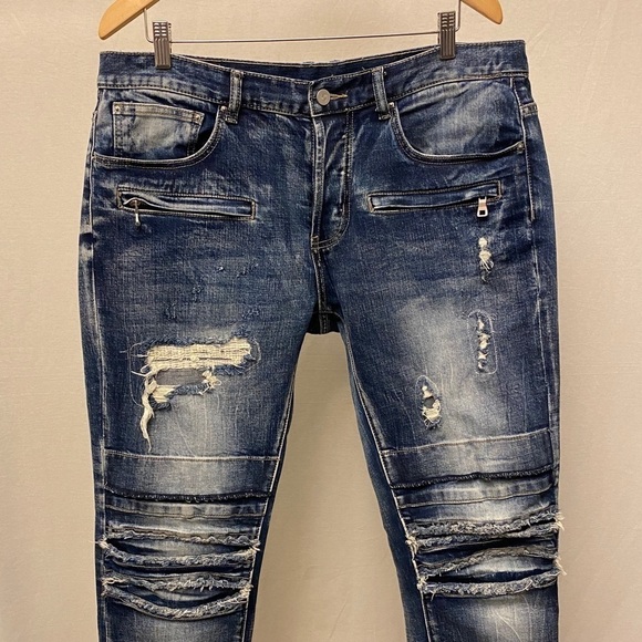 DOPE 34x32 Weir Moto Stretch Jeans Mens Distressed Patched Button Fly D2018P201 - Picture 4 of 12